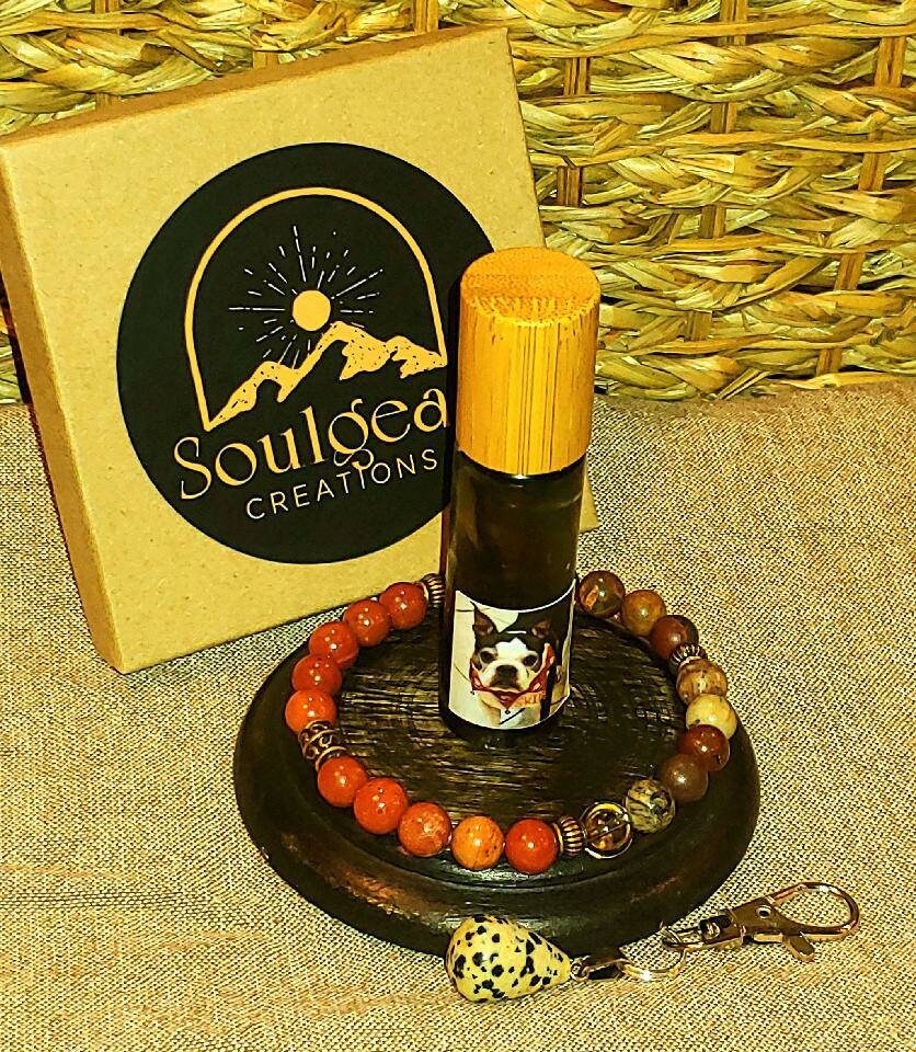 DOGS RULE! PET SKIN Healing Gemstone set- Picasso/ Red River Jasper & Smoky Quartz bracelet with Dalmation Jasper Pendant, Frankincense Dog Oil