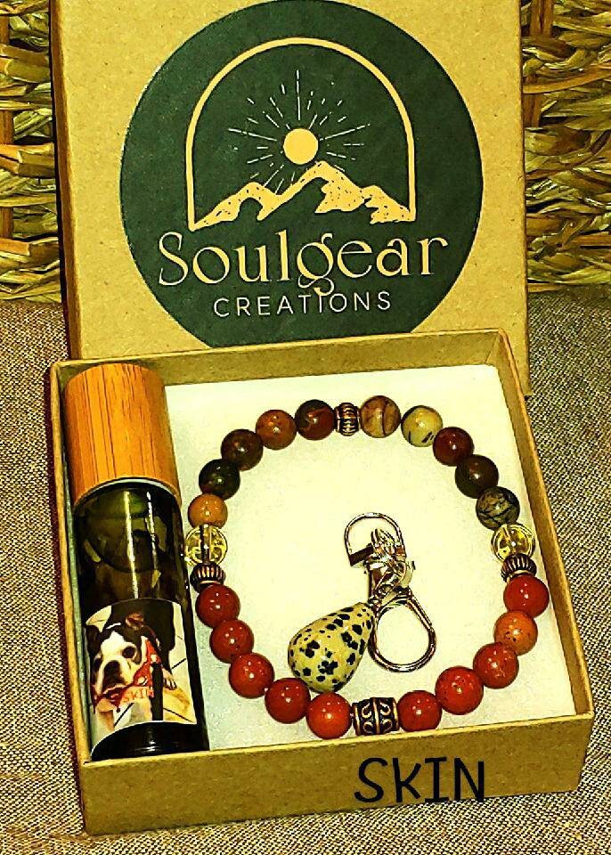 DOGS RULE! PET SKIN Healing Gemstone set- Picasso/ Red River Jasper & Smoky Quartz bracelet with Dalmation Jasper Pendant, Frankincense Dog Oil