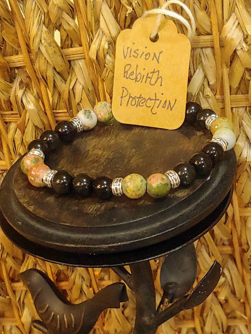 GEMSTONE CARPE DIEM "seize the day" genuine healing bracelet of Unakite and Obsidian. 8mm beads, silver spacers