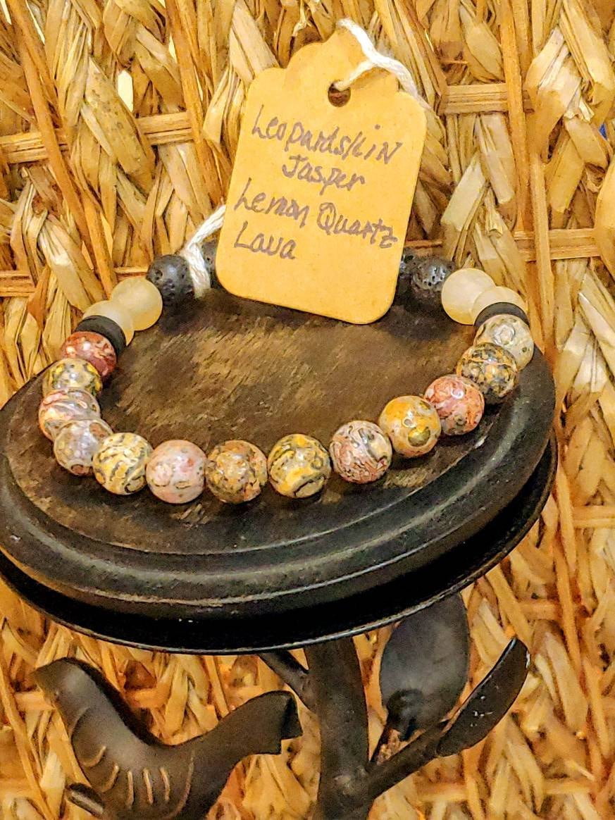 GEMSTONE LIFE'S JOURNEY genuine Crystal healing bracelet of Leopardskin Jasper & Lemon Quartz along with Lava Stone strung on 8mm beads