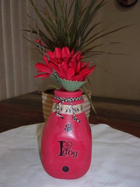 VASE Dog lover red decorated bud vase,recycled glass, hand painted ,gift for women/girls for work or office