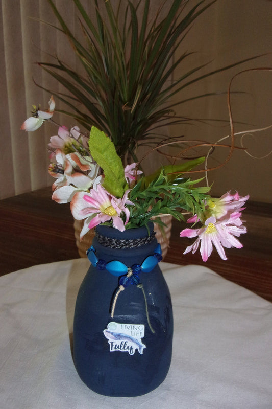 VASE Boho bud recycled jar, handpainted , blue in color,inspirational gift