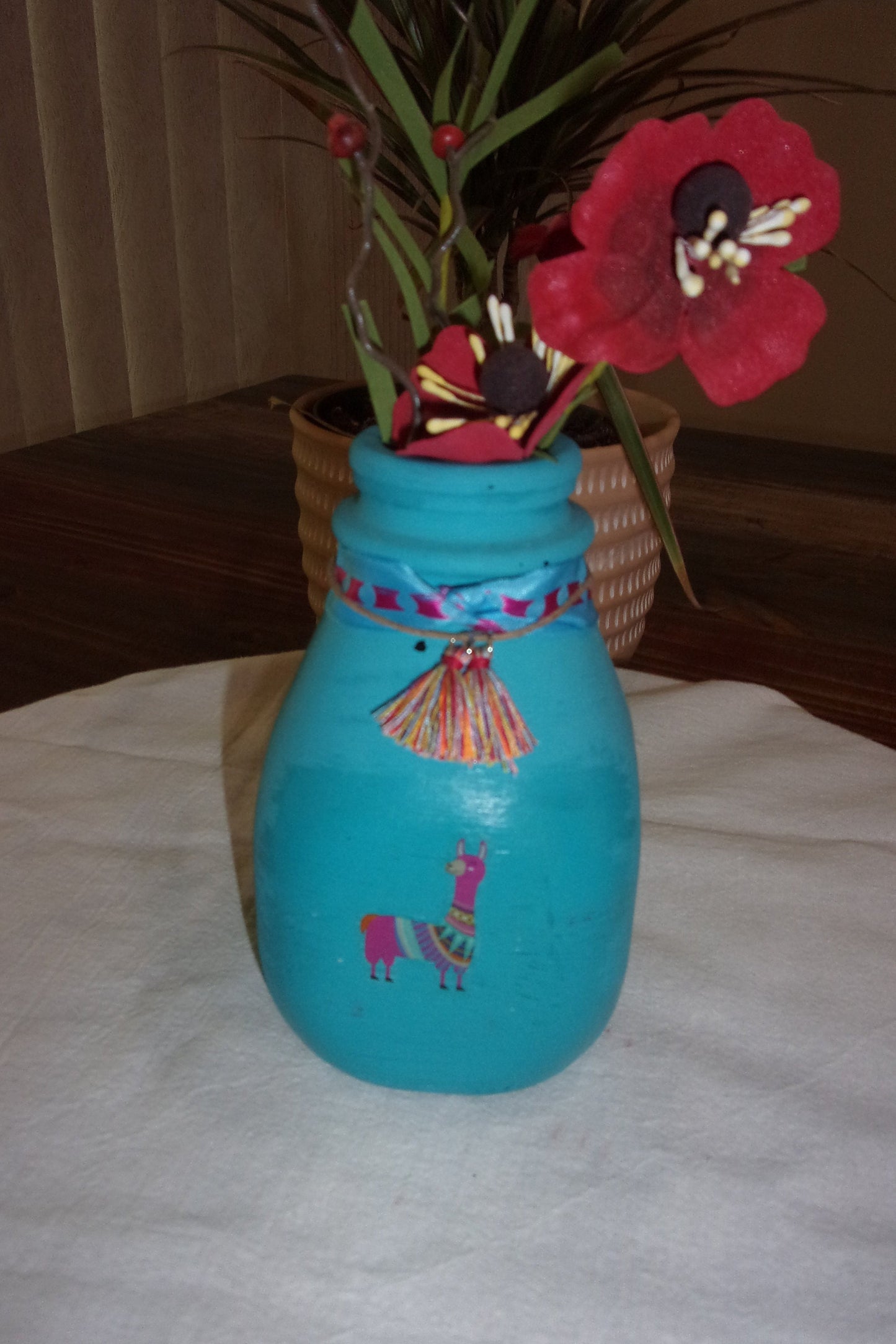 VASE llama, tasselled, whimsical vase, recycled glass, chalk paint finish, funky flowers, fun, office , desk art