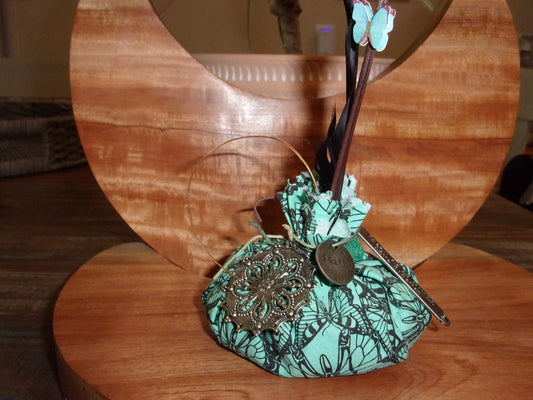 PAPERWEIGHT VISUAL ARTWORK butterfly adorned, faith bag, dream bag, feather sack, medallion,altar space decor item, mystic bag