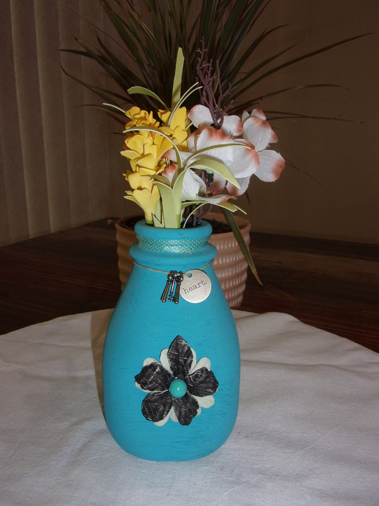 VASE Recycled handpainted teal in color, key charms,hemp and beaded vase