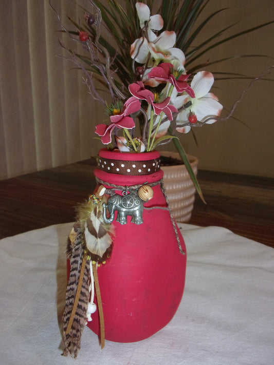 VASE Elephant bud vase repurposed glass, elephant art, feathers, wooden beads, red vase, tribal art, wanderlust, polka dots, rust flowers,