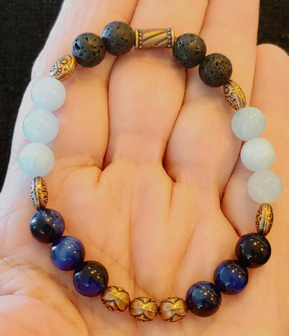 GEMSTONE TEMPER CALMING Aquamarine and blue tiger eye soothing bracelet,mermaid stone,temper calming bracelet,8mm crystal bead