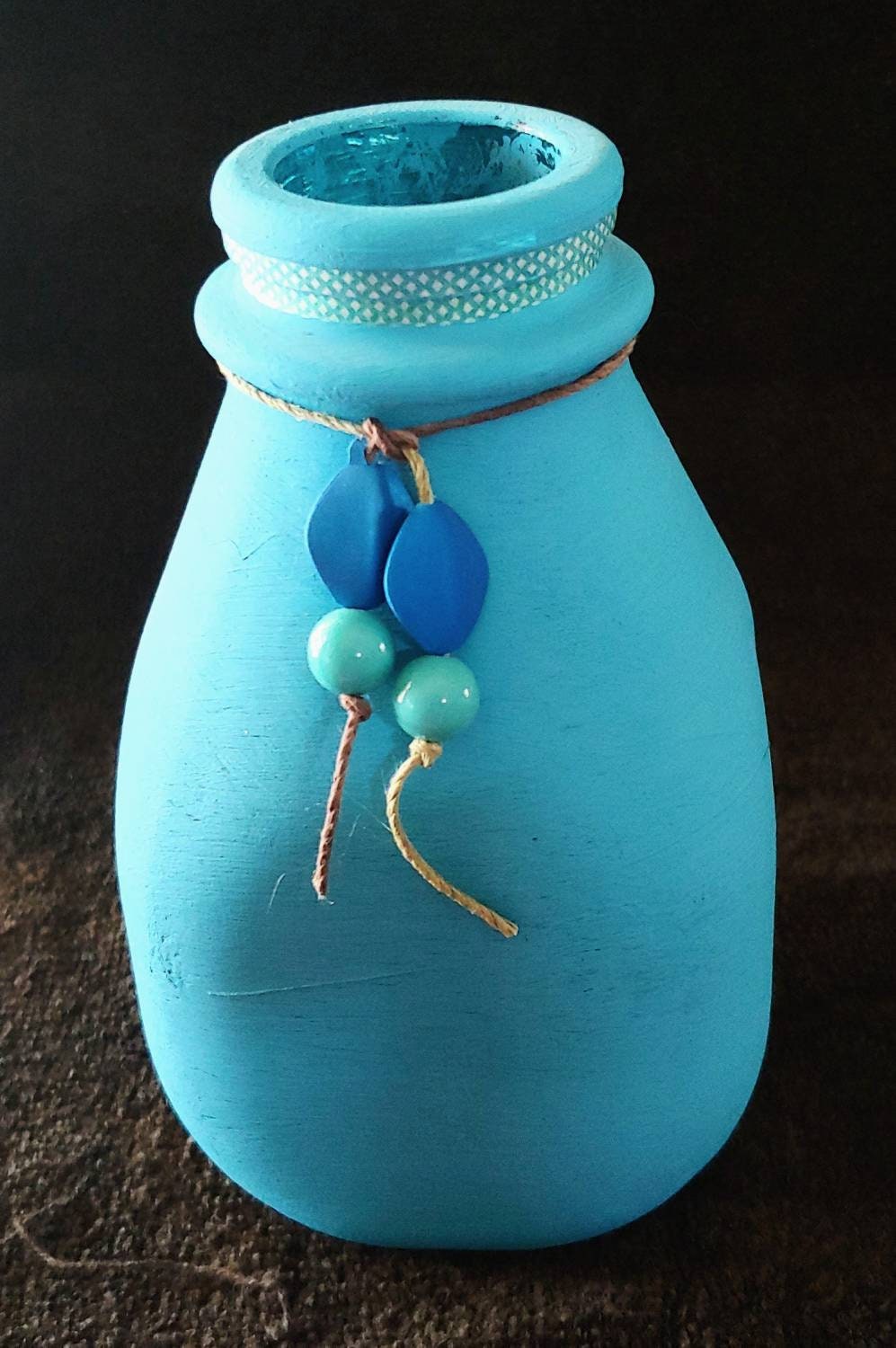 VASE Recycled handpainted teal in color, key charms,hemp and beaded vase