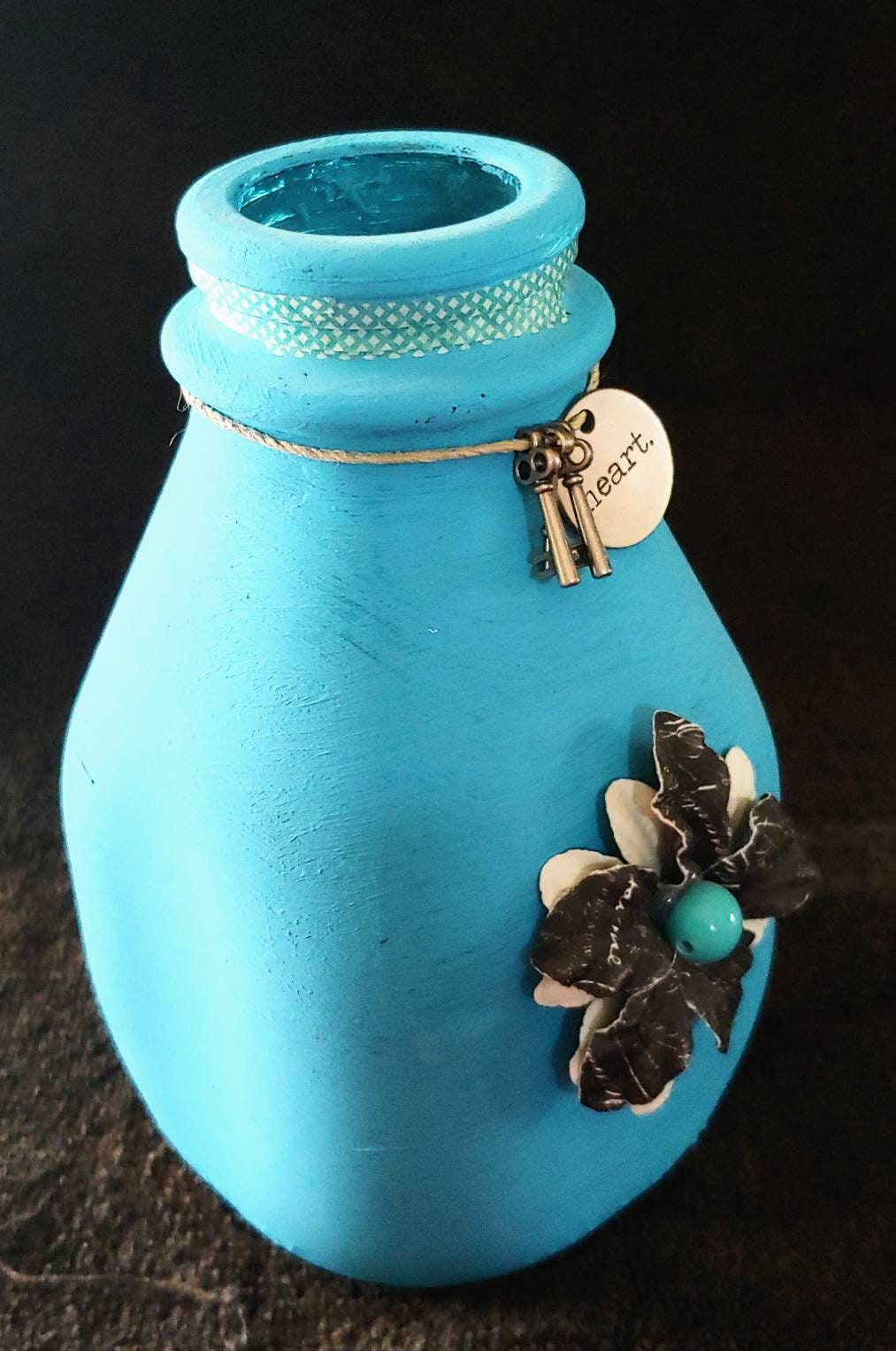 VASE Recycled handpainted teal in color, key charms,hemp and beaded vase