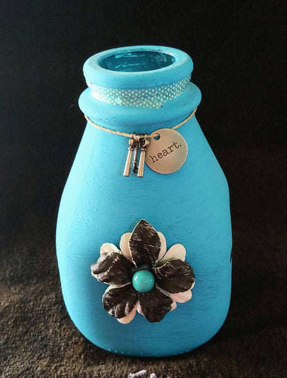 VASE Recycled handpainted teal in color, key charms,hemp and beaded vase