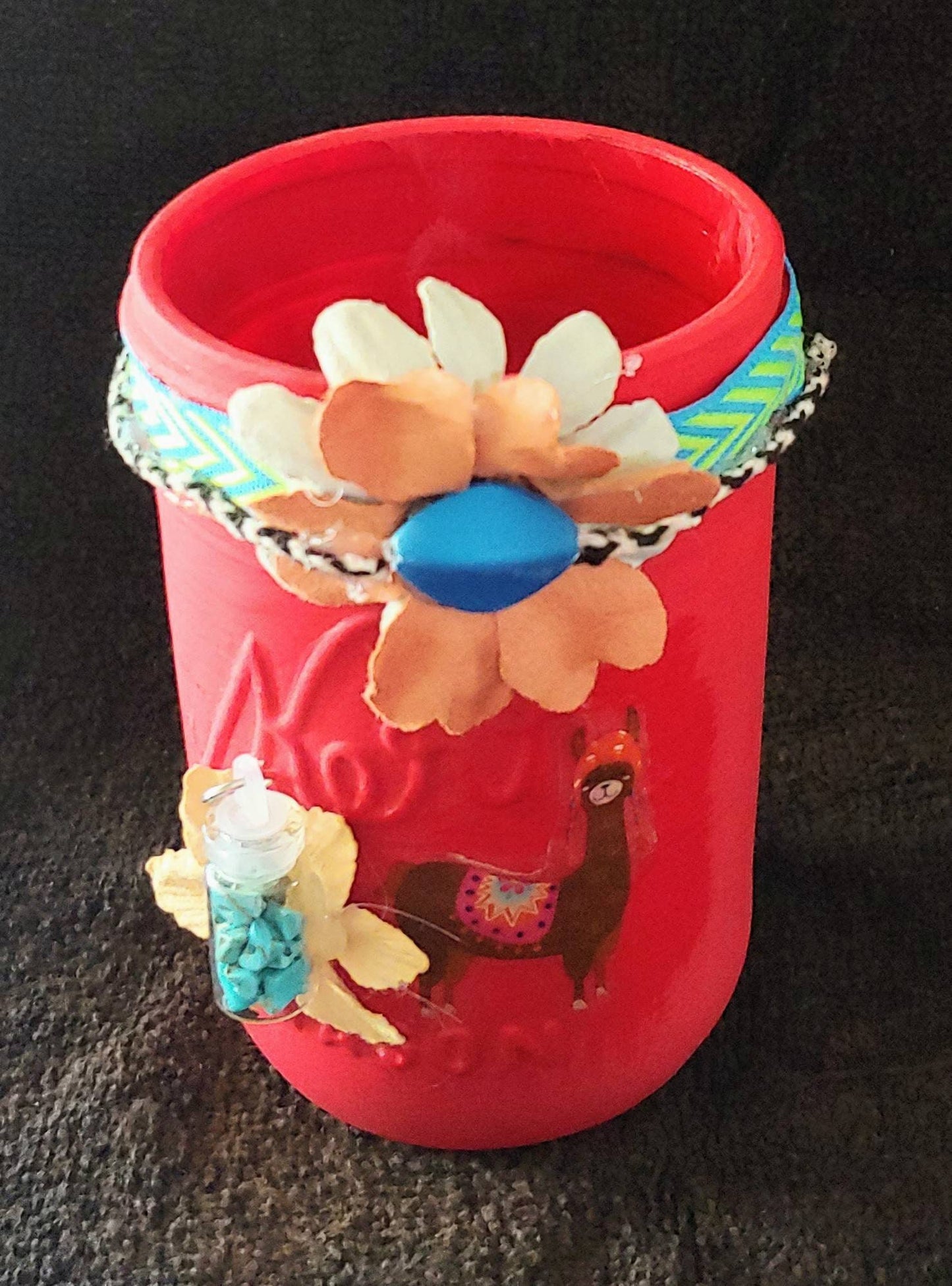 VASE Bud  llama, turquoise crystal, flower arrangement, red vase, shabby chic accent, desk art, accent piece, woman gift, girl gift, boho art