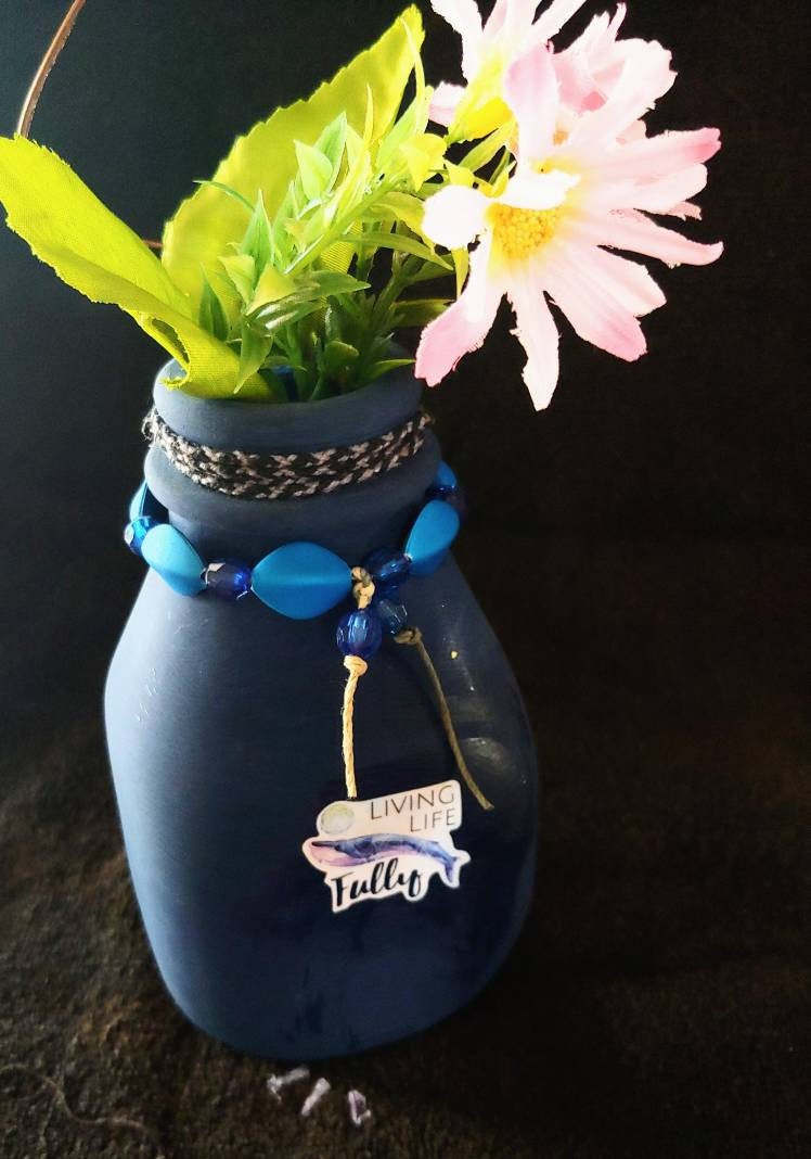 VASE Boho bud recycled jar, handpainted , blue in color,inspirational gift