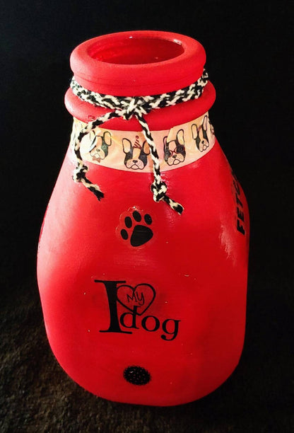 VASE Dog lover red decorated bud vase,recycled glass, hand painted ,gift for women/girls for work or office