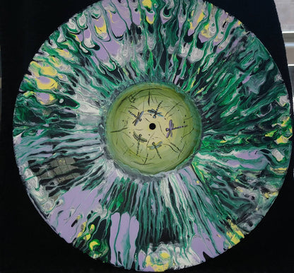 SPIN ART VISUAL ARTWORK Dance of the Dragonfly acrylic pour on recycled vinyl record,  33 & 1/3 size LP.