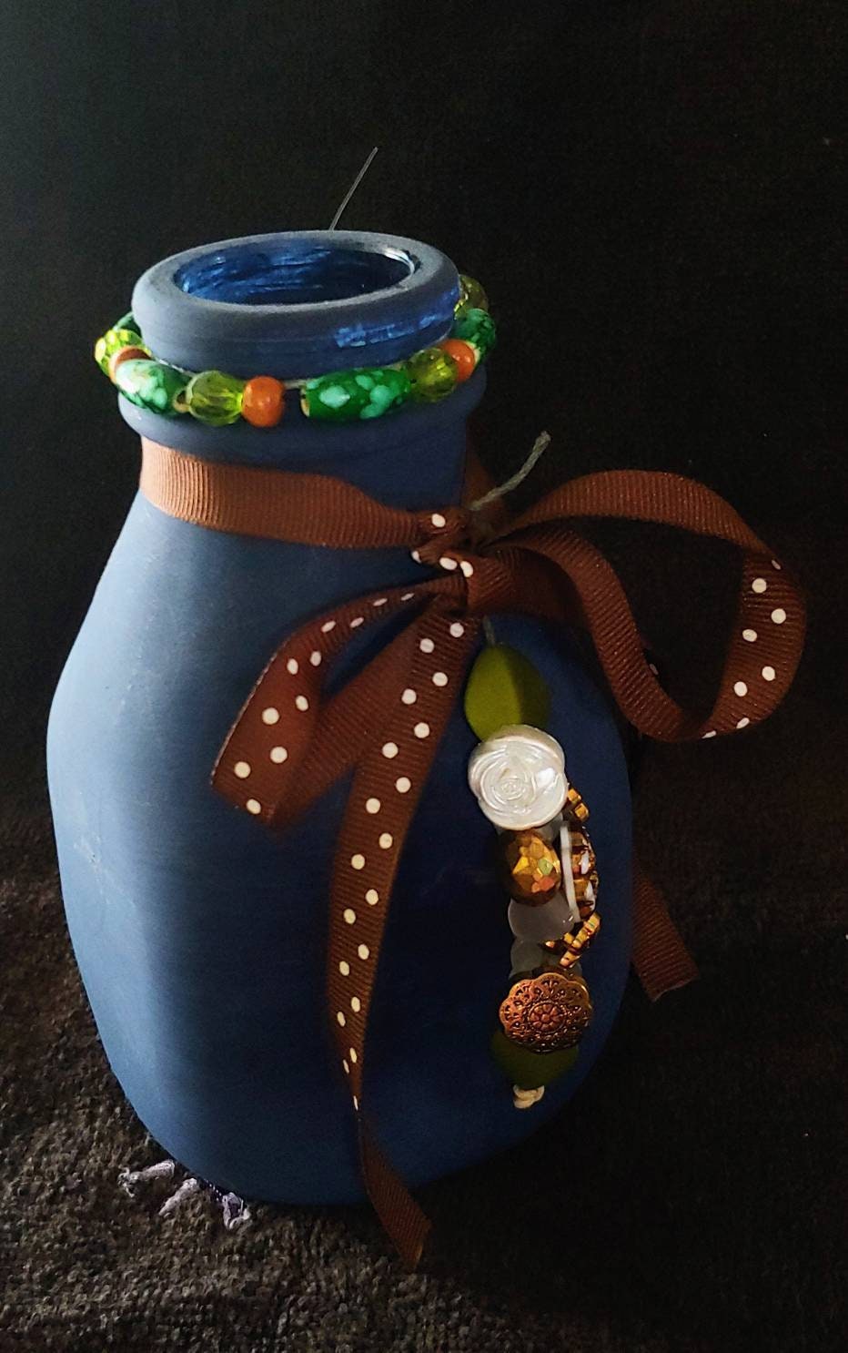 VASE Repurposed painted vase, art deco, boho design navy blue, buttons, flowers, beads , dried flower bouquet, multipurpose , free spirit hippie