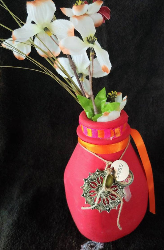 VASE Red boho bud vase, mandala, happiness jar, clear quartz crystal, small floral arrangement, desk top item, sacred space