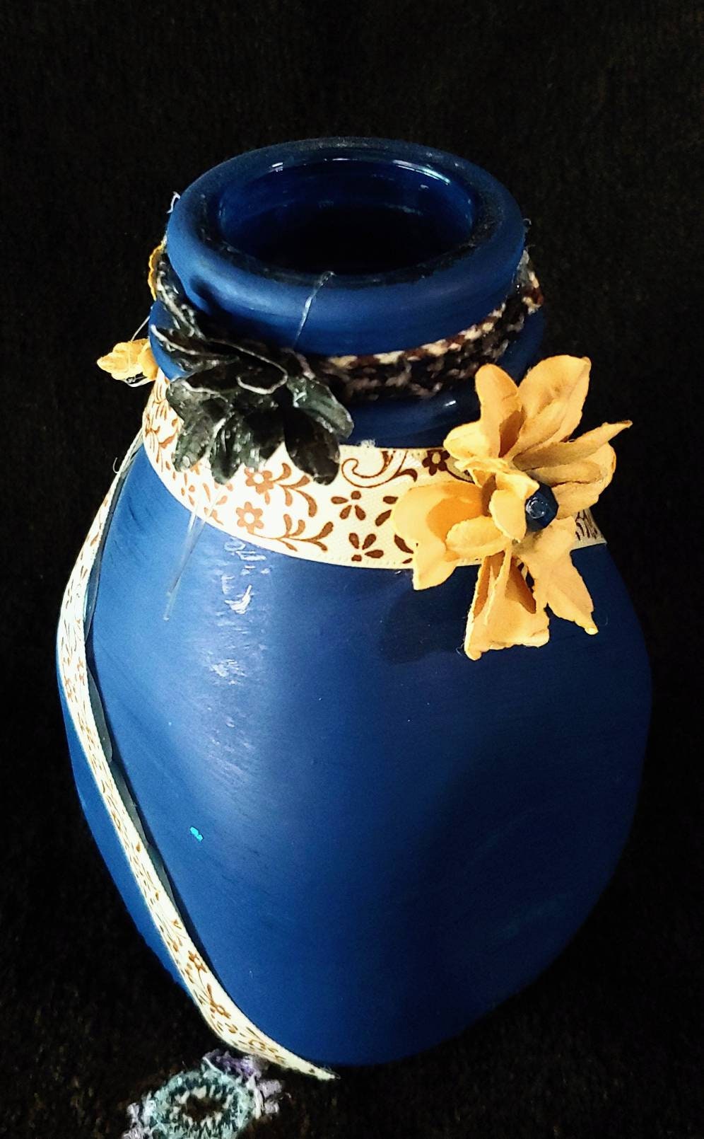 VASE boho bud , whimsical,  beaded flowers, navy, patterned ribbon, gerber daisy, floral bouquet, teacher shabby chic