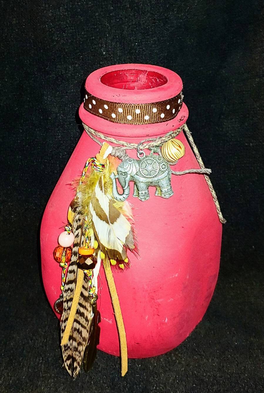 VASE Elephant bud vase repurposed glass, elephant art, feathers, wooden beads, red vase, tribal art, wanderlust, polka dots, rust flowers,