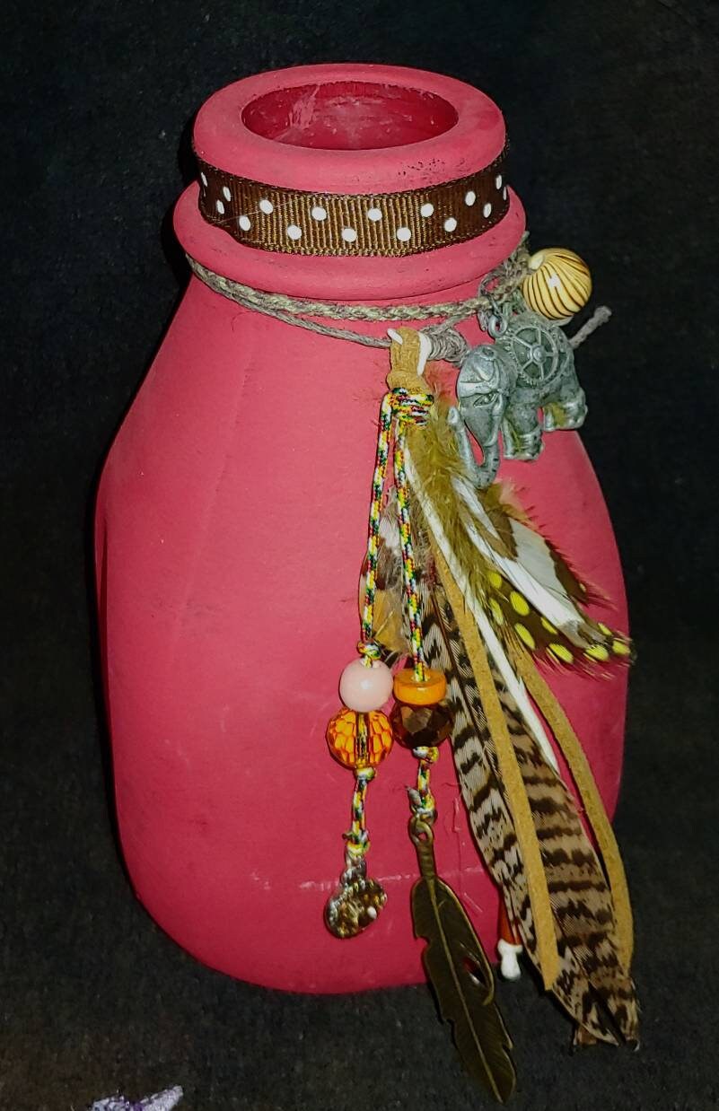 VASE Elephant bud vase repurposed glass, elephant art, feathers, wooden beads, red vase, tribal art, wanderlust, polka dots, rust flowers,