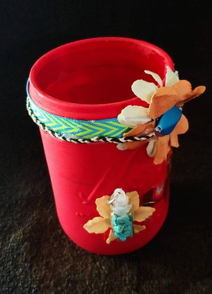 VASE Bud  llama, turquoise crystal, flower arrangement, red vase, shabby chic accent, desk art, accent piece, woman gift, girl gift, boho art