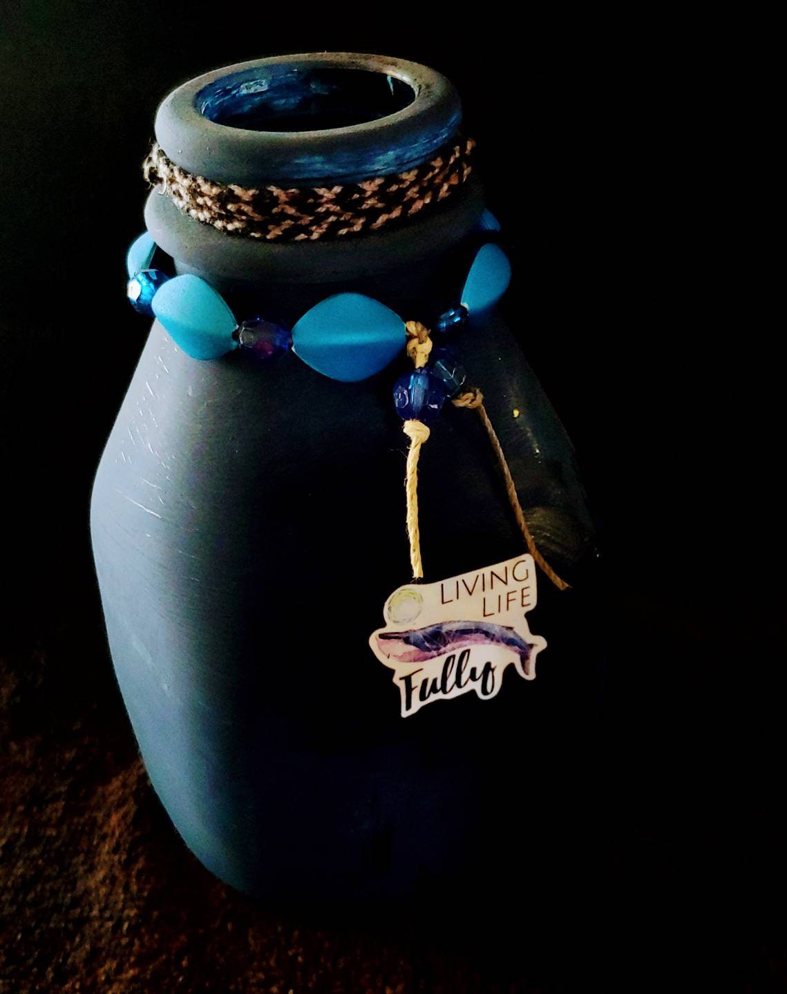 VASE Boho bud recycled jar, handpainted , blue in color,inspirational gift