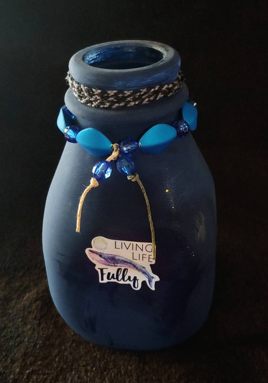 VASE Boho bud recycled jar, handpainted , blue in color,inspirational gift