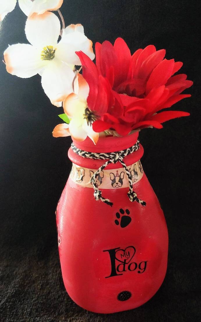 VASE Dog lover red decorated bud vase,recycled glass, hand painted ,gift for women/girls for work or office