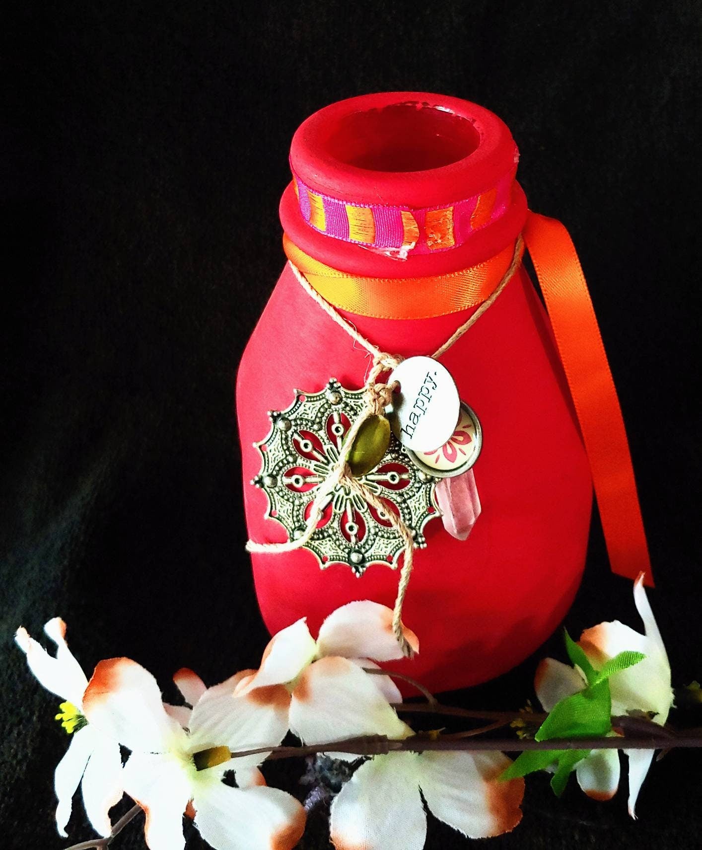 VASE Red boho bud vase, mandala, happiness jar, clear quartz crystal, small floral arrangement, desk top item, sacred space