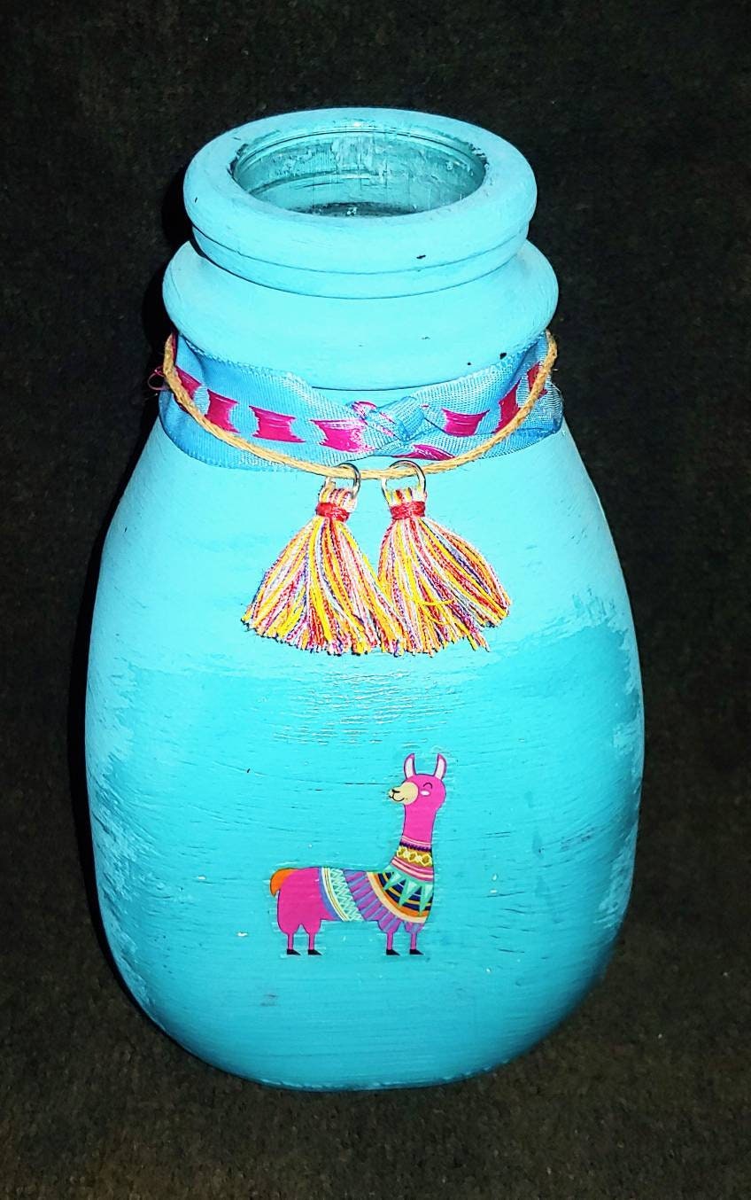 VASE llama, tasselled, whimsical vase, recycled glass, chalk paint finish, funky flowers, fun, office , desk art