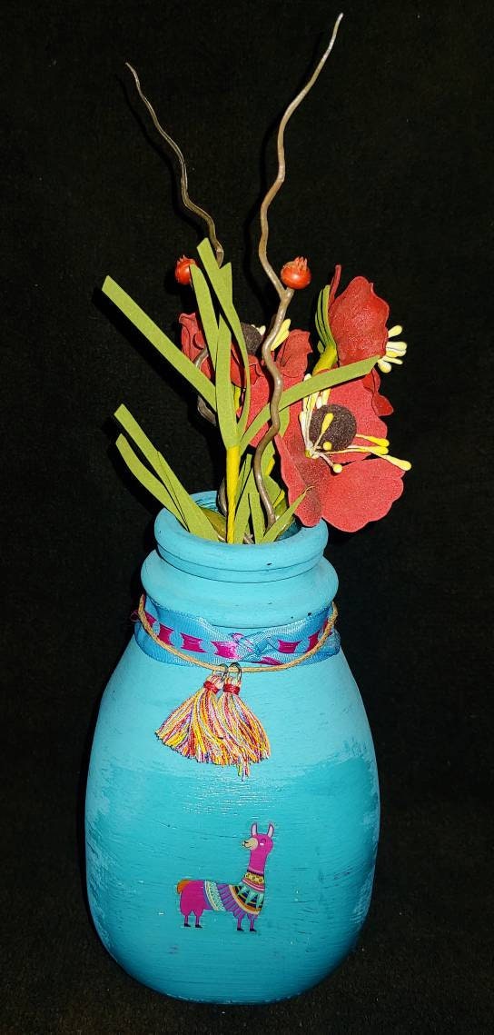 VASE llama, tasselled, whimsical vase, recycled glass, chalk paint finish, funky flowers, fun, office , desk art