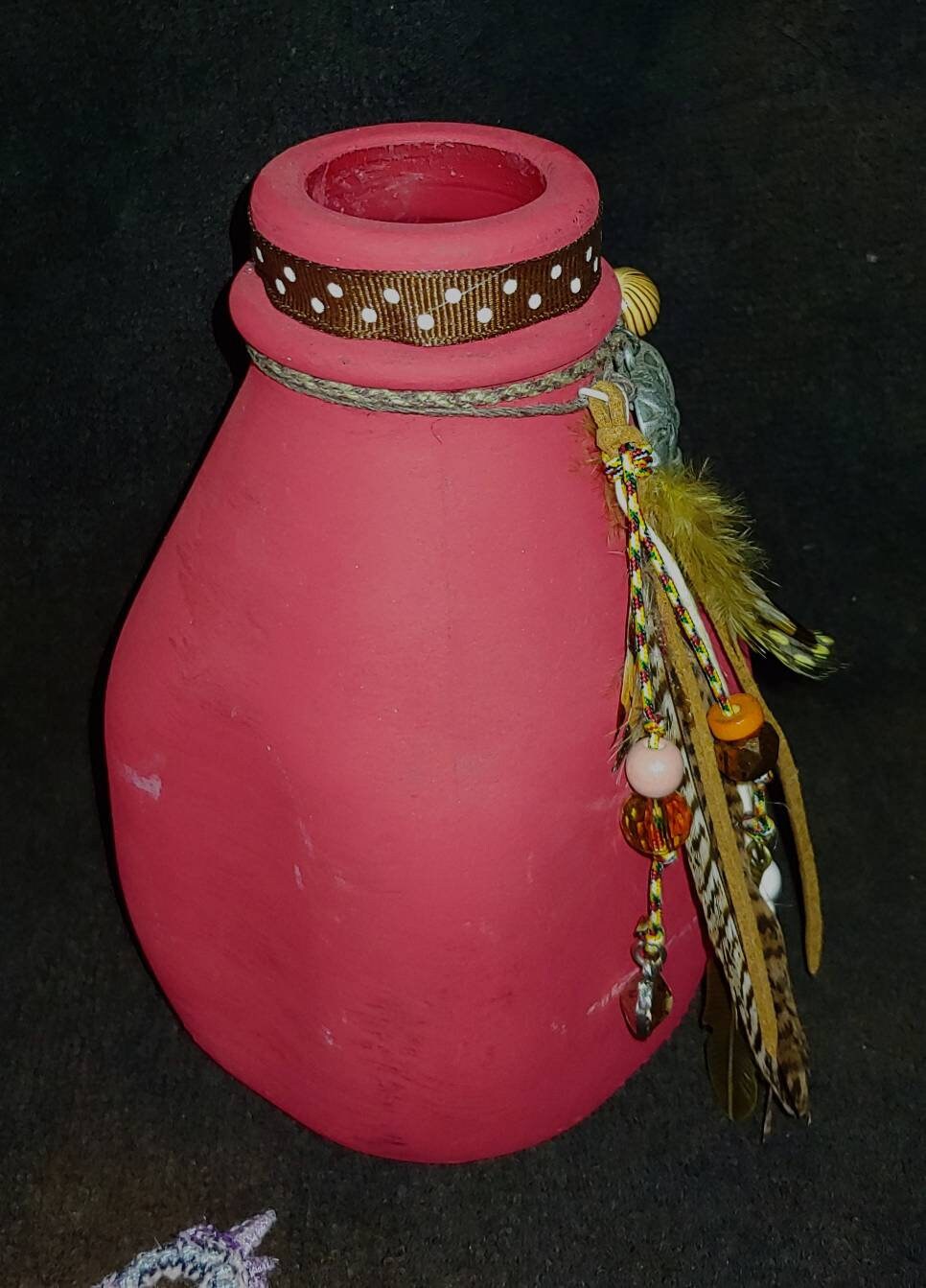 VASE Elephant bud vase repurposed glass, elephant art, feathers, wooden beads, red vase, tribal art, wanderlust, polka dots, rust flowers,