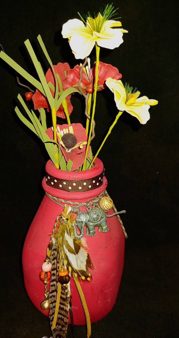 VASE Elephant bud vase repurposed glass, elephant art, feathers, wooden beads, red vase, tribal art, wanderlust, polka dots, rust flowers,