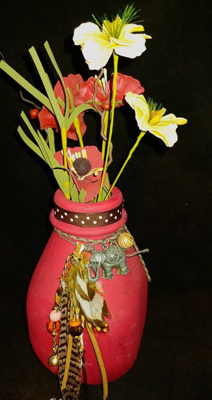 VASE Elephant bud vase repurposed glass, elephant art, feathers, wooden beads, red vase, tribal art, wanderlust, polka dots, rust flowers,