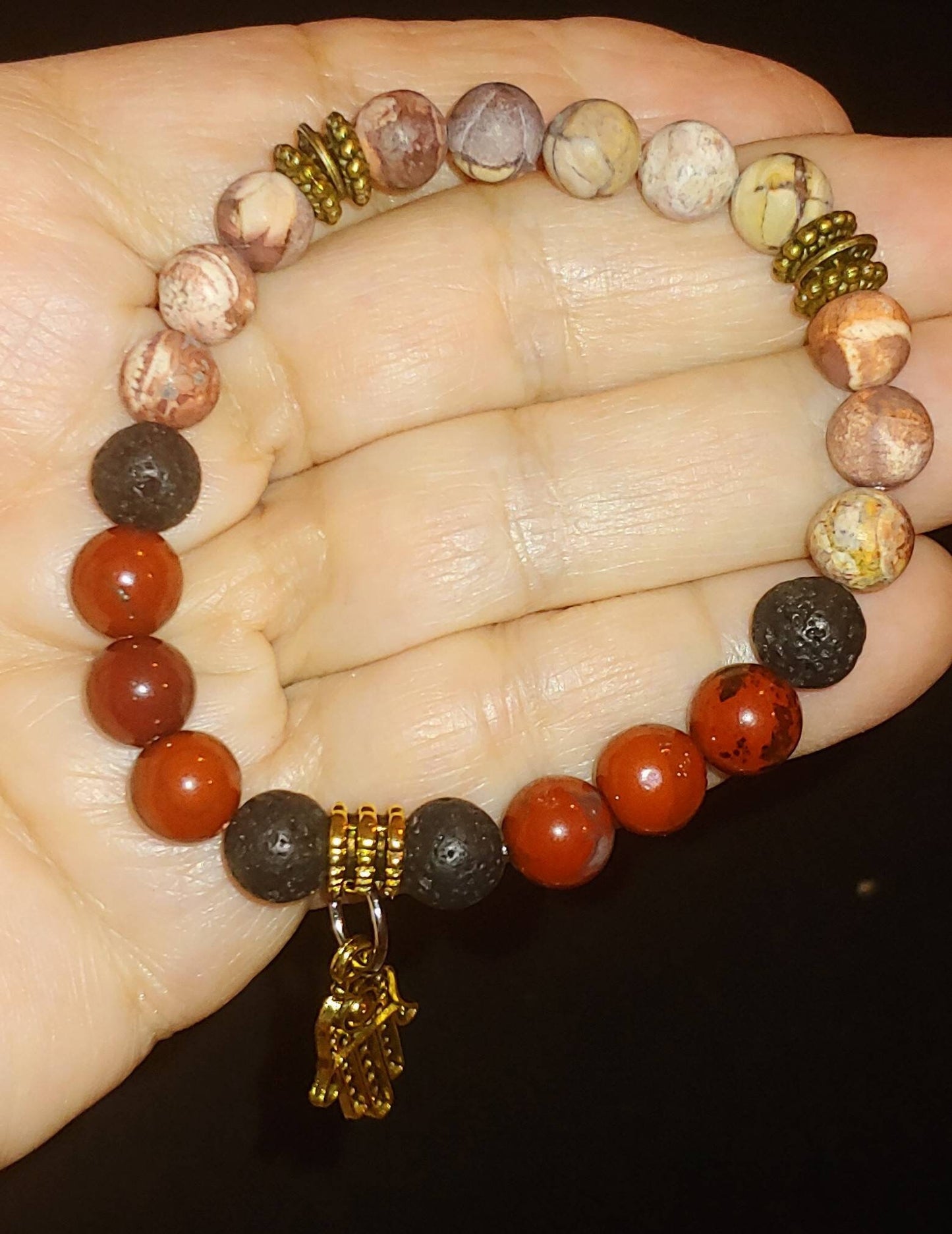 GEMSTONE CHANGE Genuine crystal healing bracelet,birds eye rhyolite ,red river jasper 8mm beads, courage bracelet