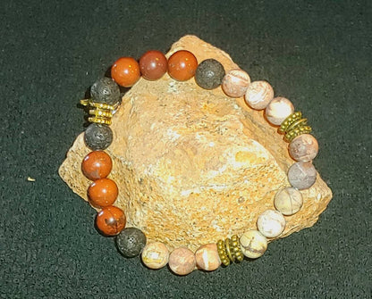 GEMSTONE CHANGE Genuine crystal healing bracelet,birds eye rhyolite ,red river jasper 8mm beads, courage bracelet