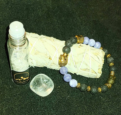 BUNDLE POWER UP KIT Crystal Healing meditation kit,tanzanite crystal bracelet.essential oil peace and joy blend,therapy assessories,meditation tools