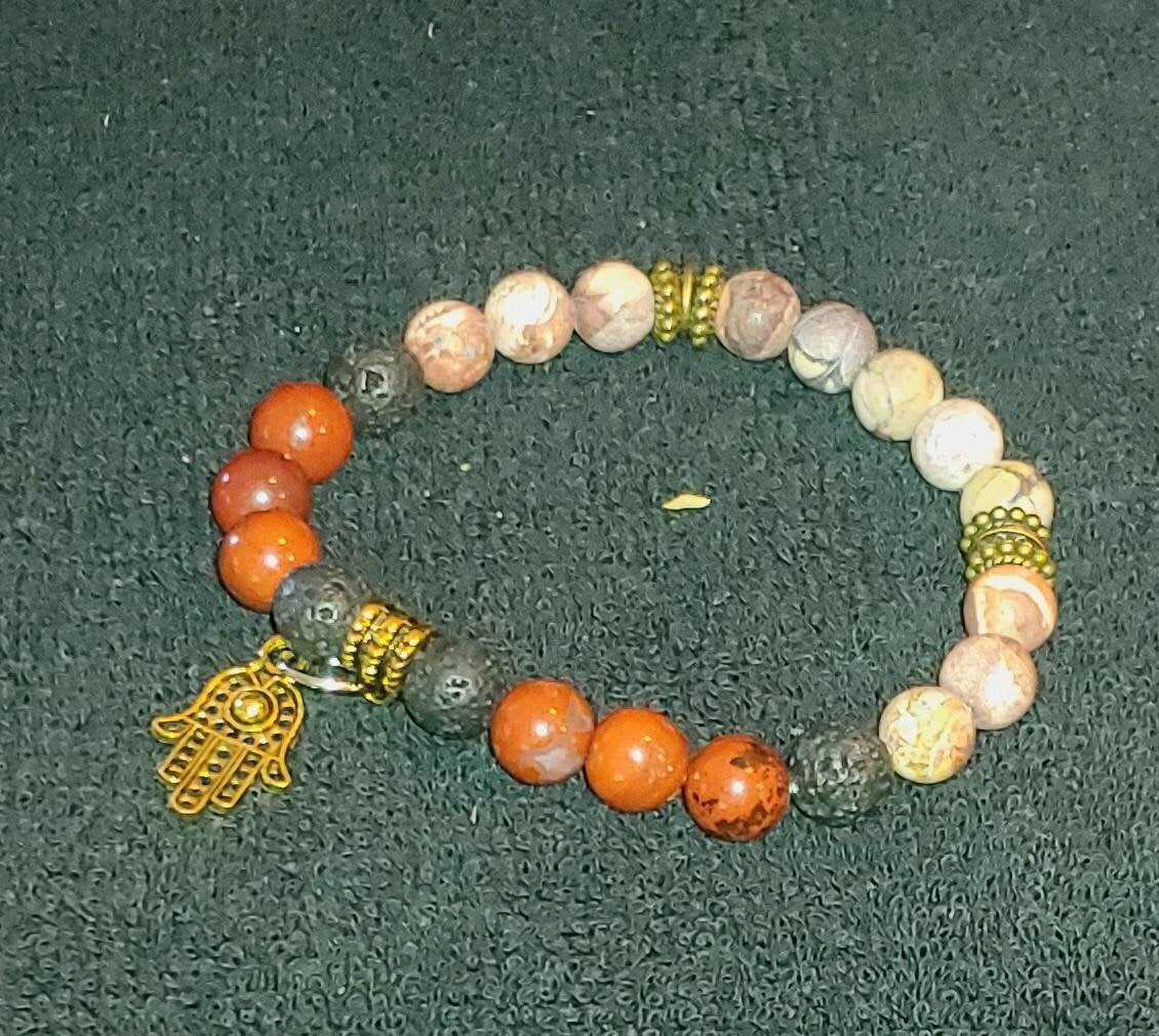 GEMSTONE CHANGE Genuine crystal healing bracelet,birds eye rhyolite ,red river jasper 8mm beads, courage bracelet