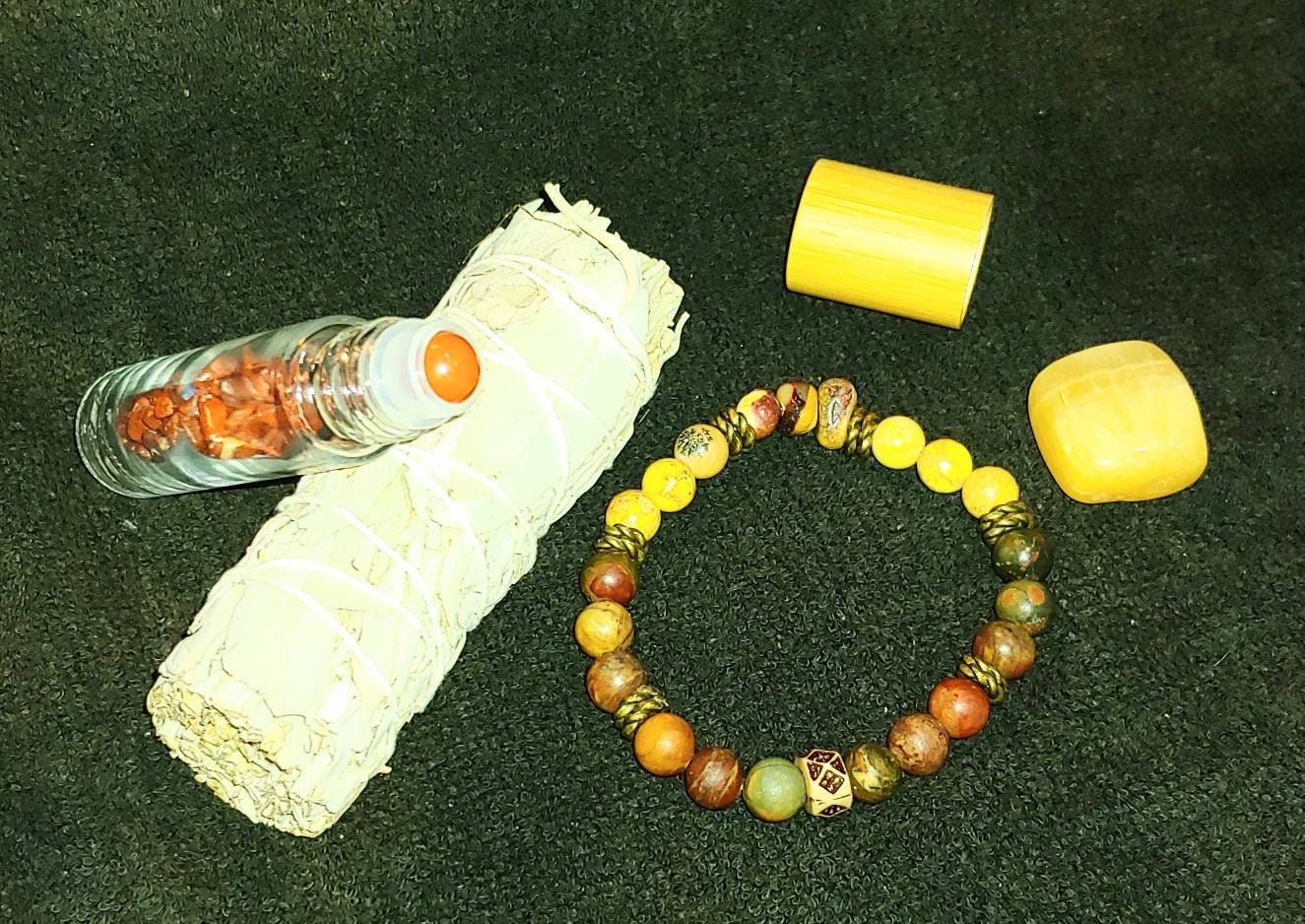 BUNDLE POSITIVITY PTSD KIT healing gift items essential oil and crystal,8mm unisex healing trauma set,orange calcite,8mm crystal Picasso jasper,mookaite jasper