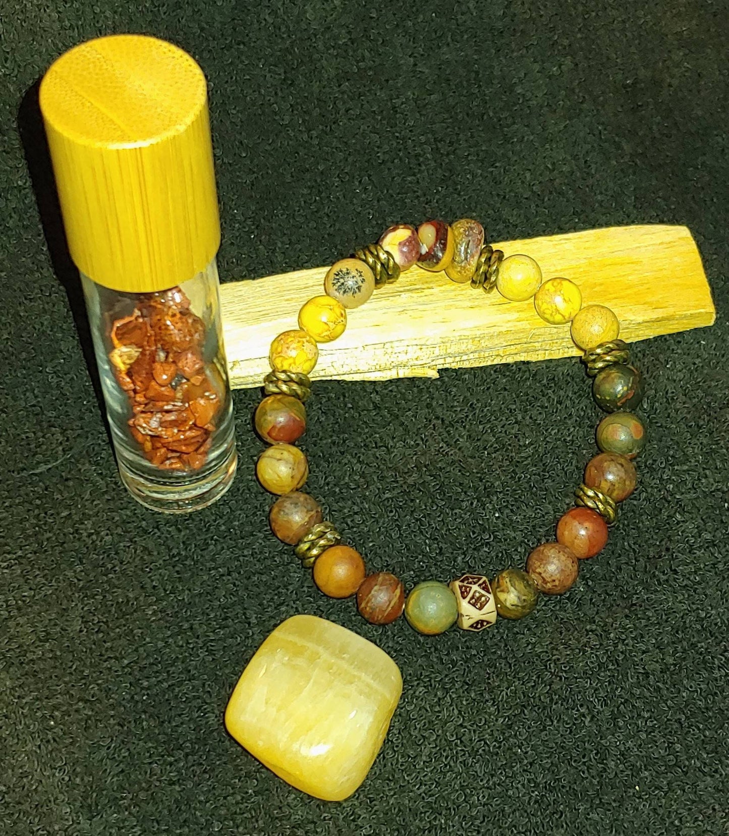 BUNDLE POSITIVITY PTSD KIT healing gift items essential oil and crystal,8mm unisex healing trauma set,orange calcite,8mm crystal Picasso jasper,mookaite jasper