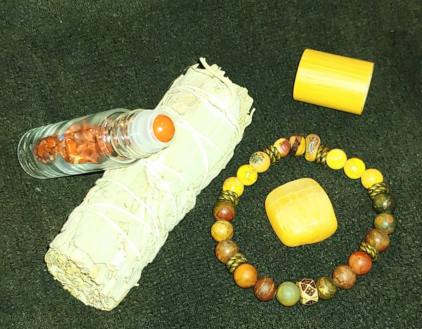 BUNDLE POSITIVITY PTSD KIT healing gift items essential oil and crystal,8mm unisex healing trauma set,orange calcite,8mm crystal Picasso jasper,mookaite jasper