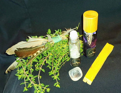 BUNDLE CHAKRA KIT meditation tool kit,essential oil roll on blend,quartz crystal