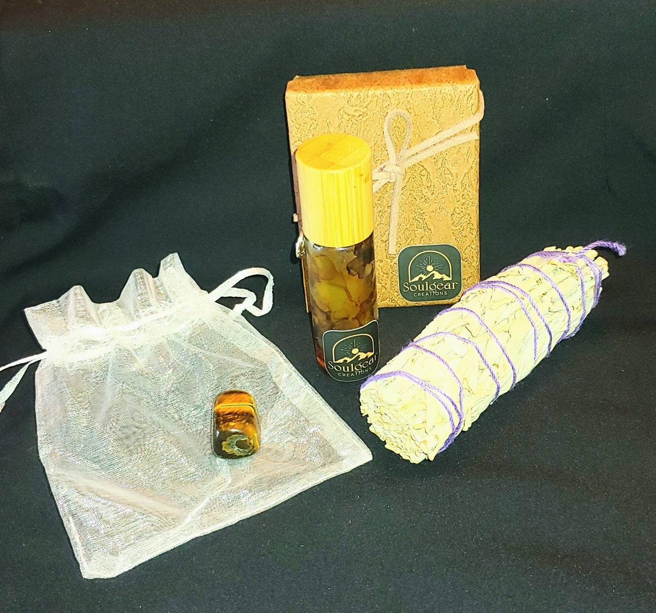 BUNDLE CHAKRA KIT meditation accessory kit,genuine tiger eye crystal,essential oil solar plexus blend,womans gift,anti stress bundle