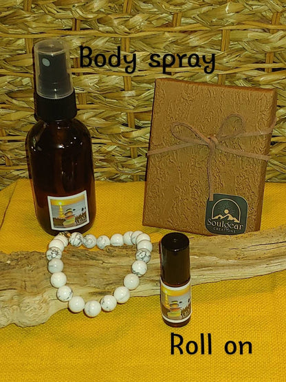 BUNDLE CALM KIT energy products essential oil and crystals,howlite crystal beaded bracelet,essential oil body roll on and spray