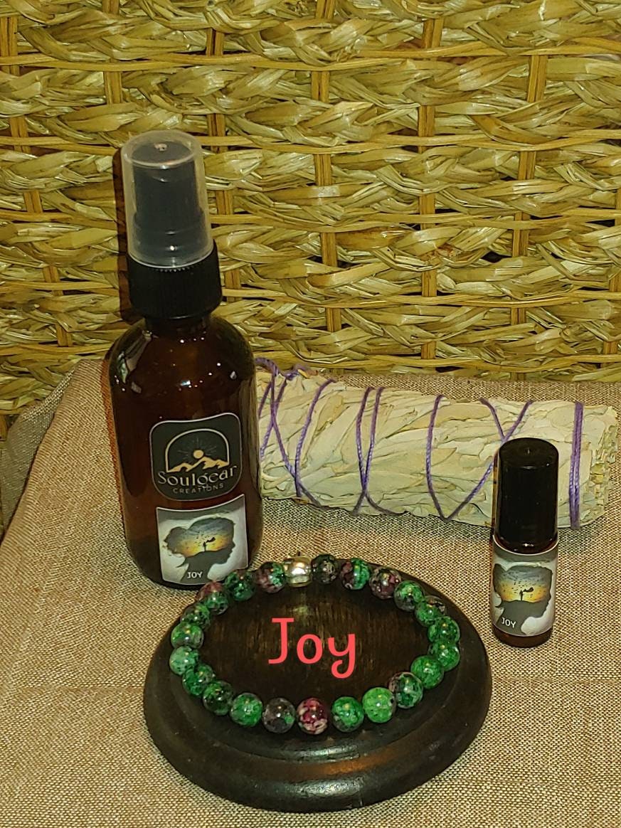 BUNDLE JOY KIT crystals and essential oil blend,ruby zoisite bracelet,essential oil body/room spray,genuine crystal bracelet