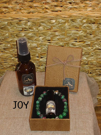 BUNDLE JOY KIT crystals and essential oil blend,ruby zoisite bracelet,essential oil body/room spray,genuine crystal bracelet