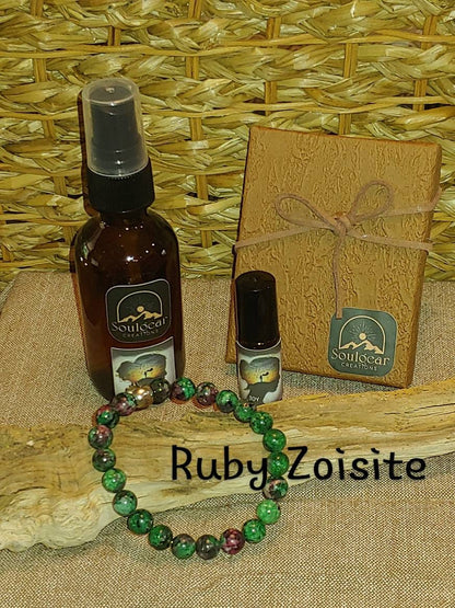 BUNDLE JOY KIT crystals and essential oil blend,ruby zoisite bracelet,essential oil body/room spray,genuine crystal bracelet