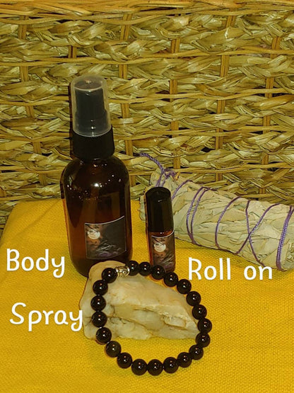 BUNDLE PROTECTION KIT genuine obsidian and therapeutic essential oils,8mm crystal bracelet ,essential oil roll on blend,room and body spray