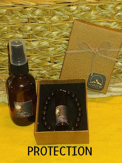 BUNDLE PROTECTION KIT genuine obsidian and therapeutic essential oils,8mm crystal bracelet ,essential oil roll on blend,room and body spray