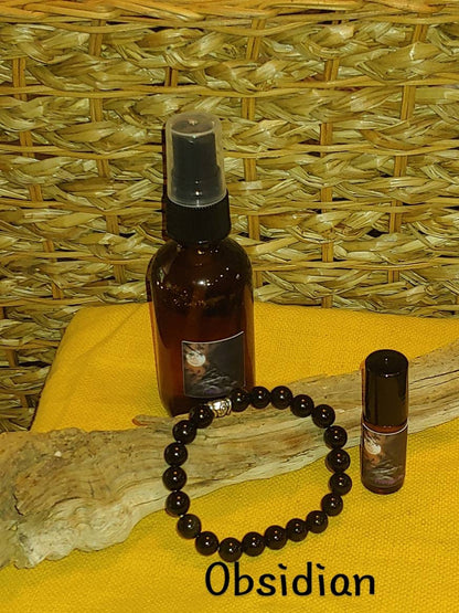 BUNDLE PROTECTION KIT genuine obsidian and therapeutic essential oils,8mm crystal bracelet ,essential oil roll on blend,room and body spray