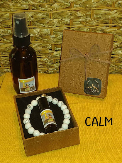 BUNDLE CALM KIT energy products essential oil and crystals,howlite crystal beaded bracelet,essential oil body roll on and spray